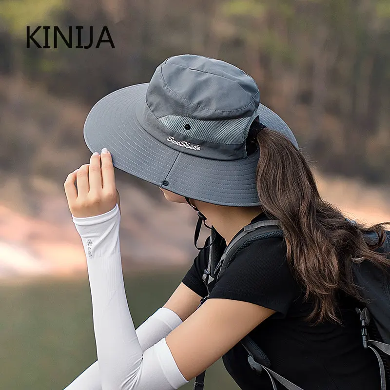 Women Ponytail Fisherman Hat Waterproof Sun Cap Pure Color Outdoor Travel Fishing Climbing Hiking Large Brim Bucket Hat Fashion 1