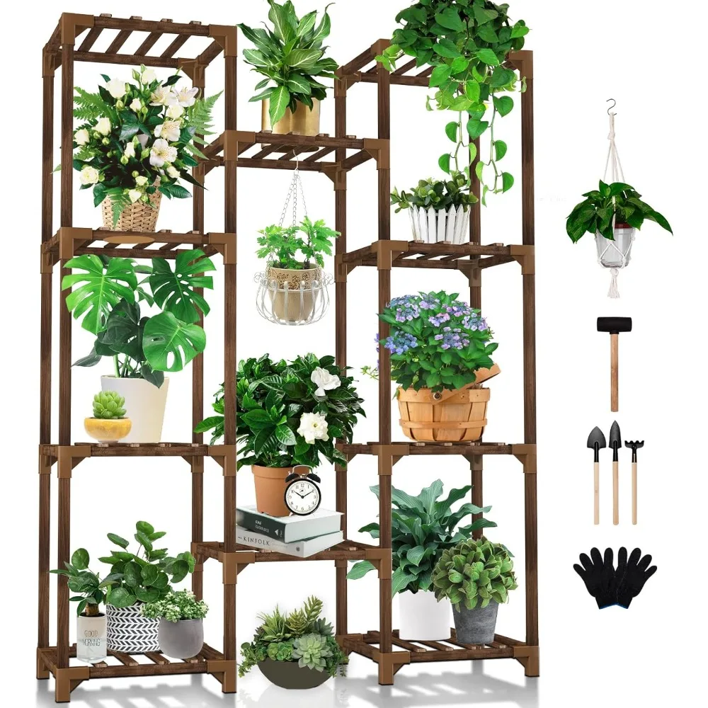 11 Pot Large Plant Rack Wood 1