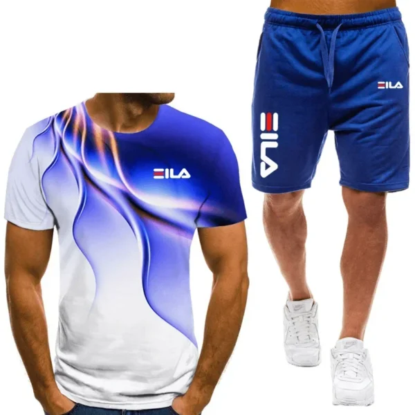 Men's T-shirt and shorts set, running fashion printed short sleeved sports T-shirt, summer 2024 1