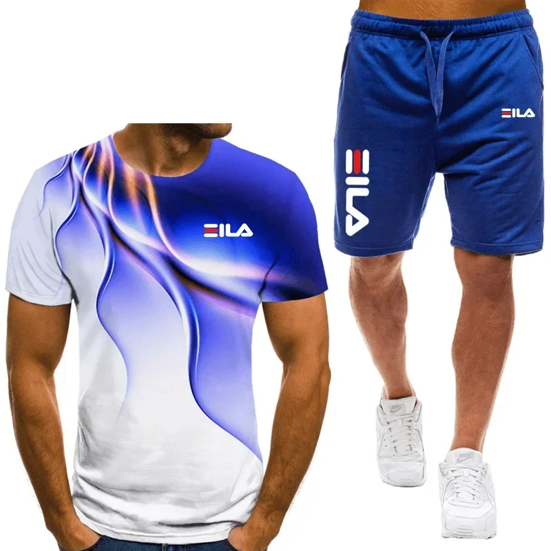 Men's T-shirt and shorts set, running fashion printed short sleeved sports T-shirt, summer 2024 1