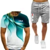 Men's T-shirt and shorts set, running fashion printed short sleeved sports T-shirt, summer 2024 5