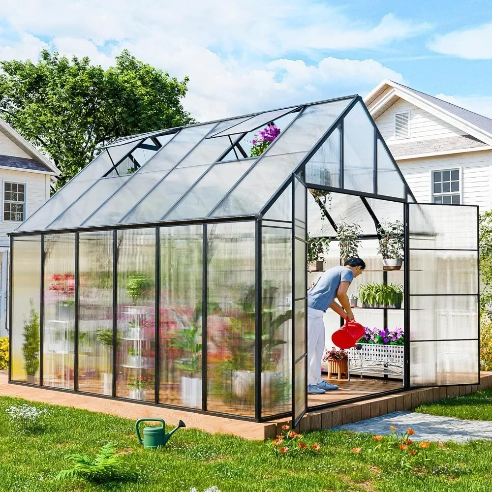 12x10 FT Garden Greenhouse, Easy Assembly Large Aluminum Heavy Duty Polycarbonate Greenhouses Kit, Walk-in Green House 1