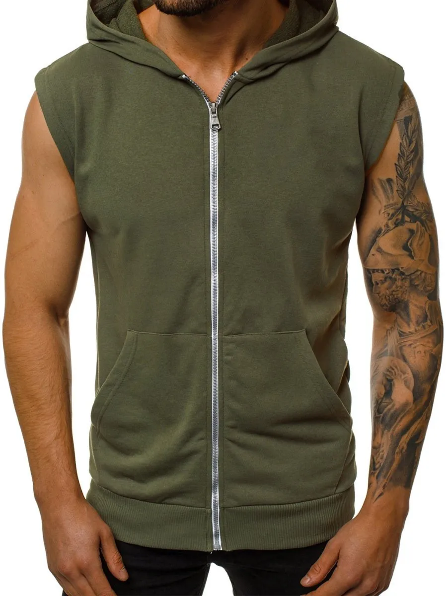 Wearing men's summer slim fashion fitness sports sleeveless vest, hooded cardigan jacket, trendy men 2