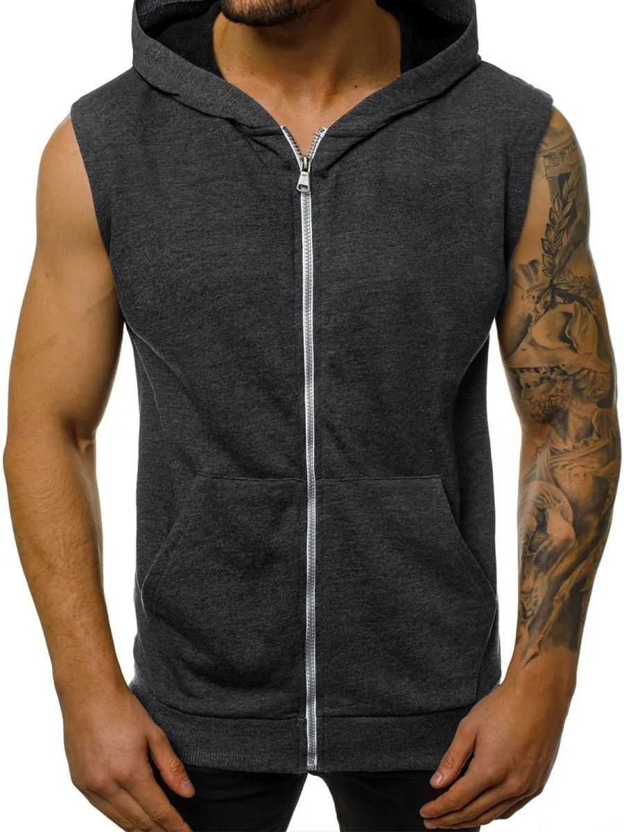 Wearing men's summer slim fashion fitness sports sleeveless vest, hooded cardigan jacket, trendy men 1